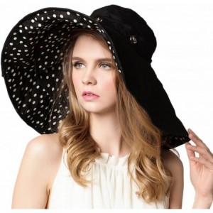 Sun Hats Womens Wide-Brimmed Bowler Hat Brim Foldable Sunscreen Beach Sun Hat - Polka Dot Black - CF185GR0A7M $30.96