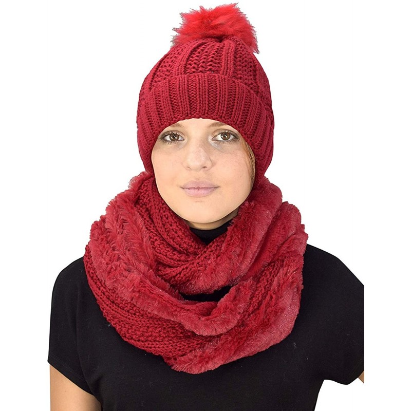 Skullies & Beanies Thick Warm Crochet Beanie Hat & Plush Fur Lined Infinity Loop Scarf Set - Red 98 - C618YGHWGDU $33.01