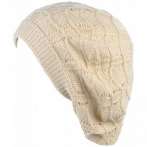 Berets Chic Soft Knit Airy Cutout Lightweight Slouchy Crochet Beret Beanie Hat - Cream Wavy Stripe - CO18L3RSOHU $21.61