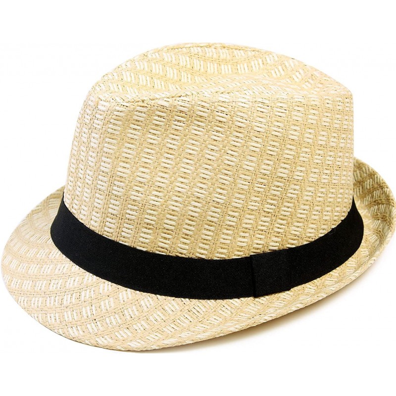 Fedoras Unisex Summer Straw Structured Fedora Hat w/Cloth Band - Beige - CR189ZKXA2G $30.57