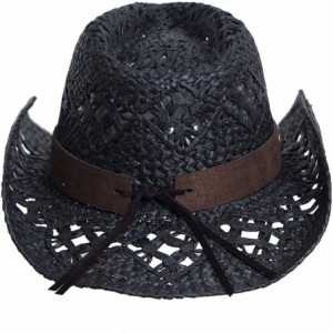 Cowboy Hats Straw Cowboy Hat W/Vegan Leather Band & Beads- Shapeable Brim- Beach Cowgirl - Black - C411UYA6TOD $51.32