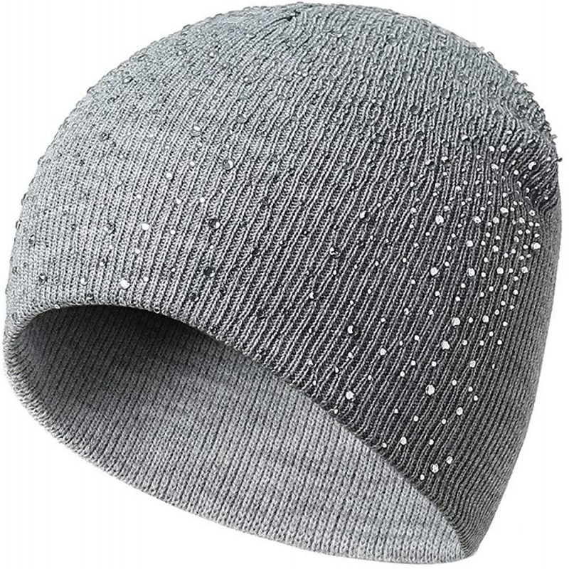 Skullies & Beanies Womens Winter Wool Knit Beanie Caps Rhinestone Soft Stretcj Slouchy Hats - Gray - CS18K0N4C63 $19.10