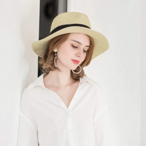 Sun Hats Women Wide Brim Straw Panama Roll up Hat Beach Sun Hat - Beige - CK194EIU2CH $31.06