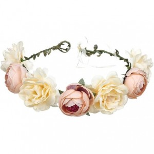 Headbands Women Rose Floral Crown Hair Wreath Leave Flower Headband with Adjustable Ribbon - Champagne - CC18H64482E $21.14