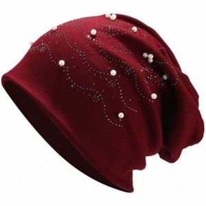 Skullies & Beanies Muslim Turbans for Womens Fashion Women Stretch Headgear Pure Color Pearl Head Scarf Wrap Hat Cap - L - CV...