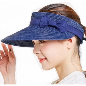 Visors Women's Summer Foldable Straw Sun Visor w/Cute Bowtie UPF 50+ Packable Wide Brim Roll-Up Visor Beach Hat - Navy 1 - CG...