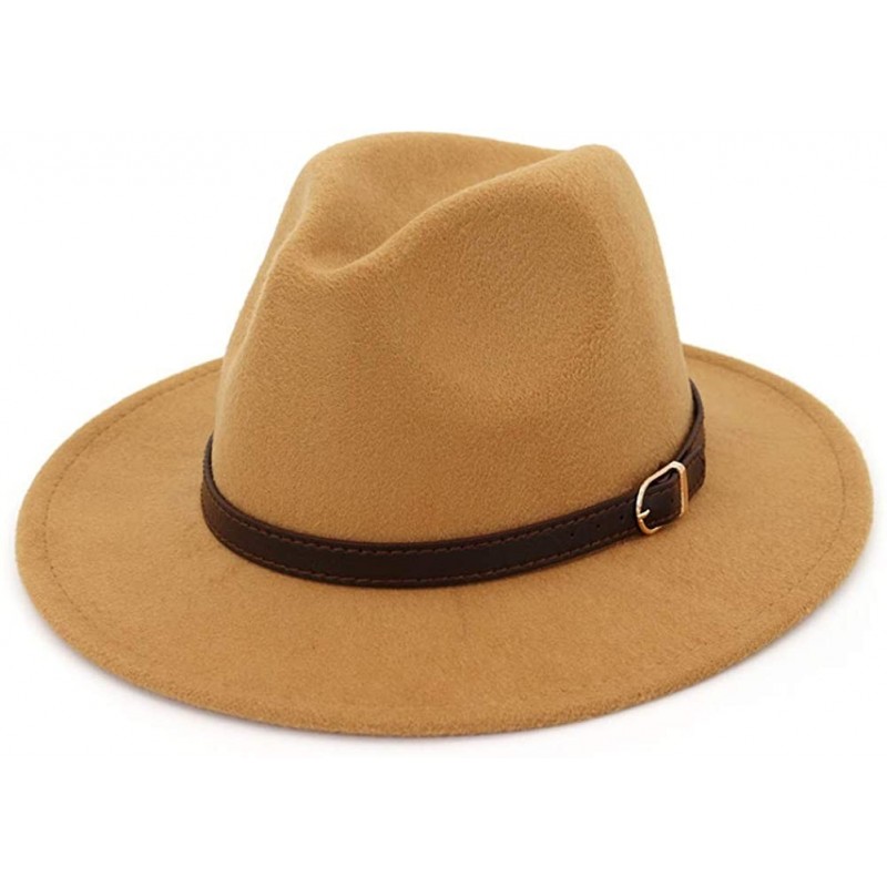 Fedoras Men & Women Fedora Hat - Belt Buckle Wide Brim Panama Hat - Camel - CA18SYOY0YO $31.10