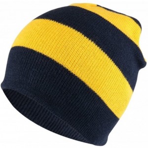 Skullies & Beanies Two Tone Thick Striped Acrylic Knit Short Winter Beanie Hat - Navy Gold - CO18638AG46 $22.38