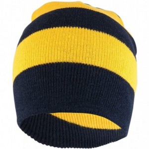 Skullies & Beanies Two Tone Thick Striped Acrylic Knit Short Winter Beanie Hat - Navy Gold - CO18638AG46 $20.85