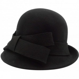 Bucket Hats 100% Wool Vintage Felt Cloche Bucket Bowler Hat Winter Women Church Hats - Big Bow Black2 - CA18K7Q5K6E $48.81