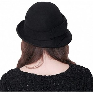 Bucket Hats 100% Wool Vintage Felt Cloche Bucket Bowler Hat Winter Women Church Hats - Big Bow Black2 - CA18K7Q5K6E $23.00