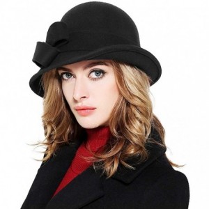 Bucket Hats 100% Wool Vintage Felt Cloche Bucket Bowler Hat Winter Women Church Hats - Big Bow Black2 - CA18K7Q5K6E $23.00