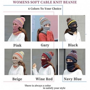 Skullies & Beanies Fleece Lined Pom Pom Beanie Scarf Mask Set Thick Knit Ski Hat for Girls Women - Navy - C218Z5O0H5U $33.91