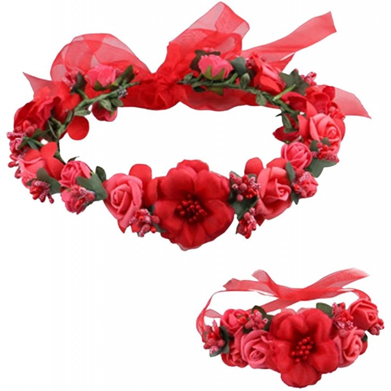 Headbands Rose Flower Crown Wreath Wedding Headband Wrist Band Set - Red - C717YZHTHH0 $25.60