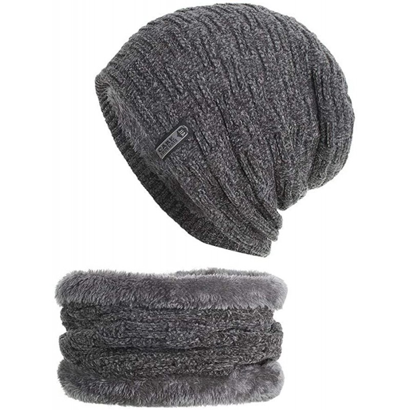 Skullies & Beanies 2PCS Set Unisex Knitted Thick Cap Hedging Head Hat Beanie Warm Caps+Neck Warmers Suit - Gray - CA18L3ER25G...