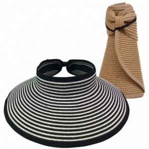 Sun Hats Women Sun Visor Hats Summer Roll Up Packable Wide Brim Straw Hat - 2 Pack-(blackstripe/Khaki) - CM196Z0SQ88 $36.42