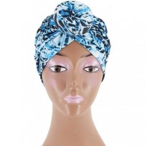 Skullies & Beanies Shiny Metallic Turban Cap Indian Pleated Headwrap Swami Hat Chemo Cap for Women - Blue Leopard - C918Z2OMI...