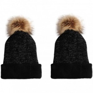 Skullies & Beanies Slouchy Faux Fur Pom Beanie Hats with Metallic Knitted Style for Extra Warmth and Comfort - Black - CS18KX...