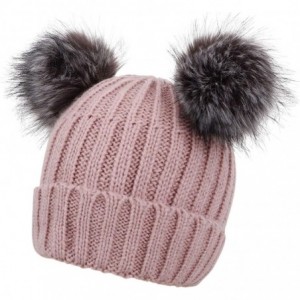 Skullies & Beanies Women's Faux Fur Pompom Mickey Ears Cable Knit Winter Beanie Hat - Pink Hat Black Grey Ball Beige Lining -...