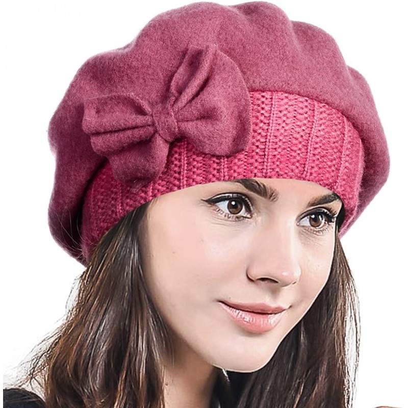 Berets Lady French Beret Wool Beret Chic Beanie Winter Hat Jf-br034 - Bow Pink - CO128FLGMSB $36.76