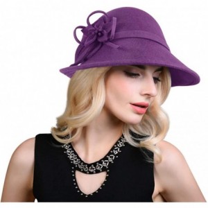 Bucket Hats Women Solid Color Winter Hat 100% Wool Cloche Bucket with Bow Accent - Style2_purple - CF18YZA9HRN $49.97