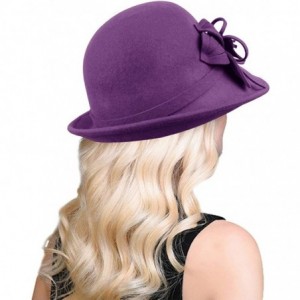 Bucket Hats Women Solid Color Winter Hat 100% Wool Cloche Bucket with Bow Accent - Style2_purple - CF18YZA9HRN $49.97