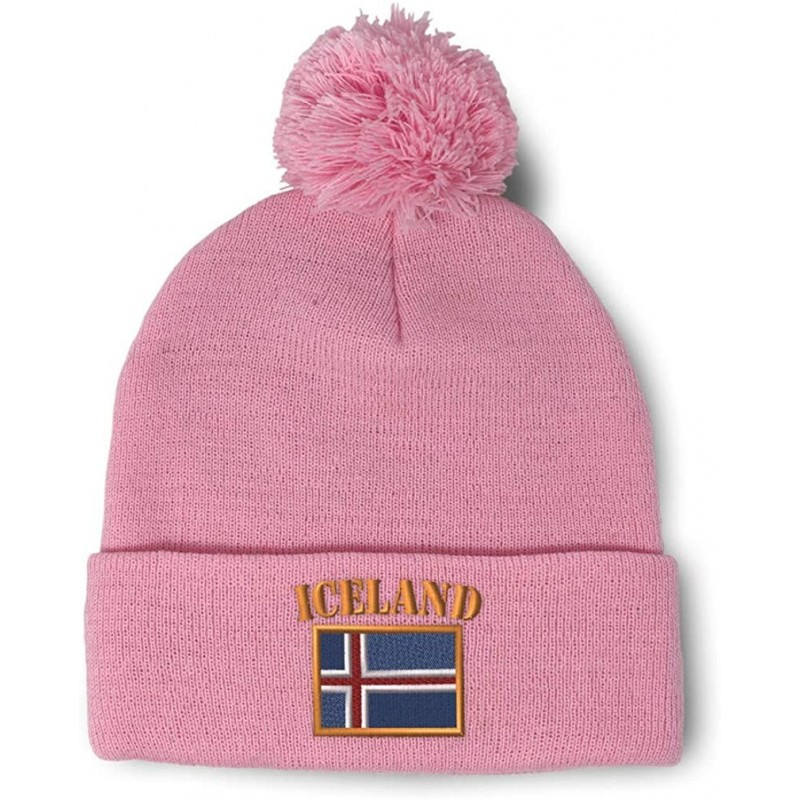 Skullies & Beanies Winter Pom Pom Beanie for Men & Women Iceland Flag Embroidery Skull Cap Hat - Soft Pink - CN18ZH8RE9E $30.56