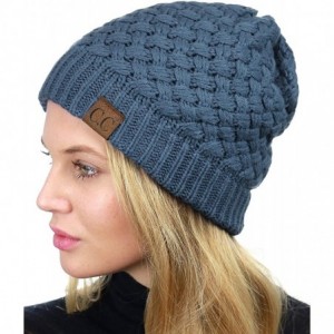 Skullies & Beanies Basketweave Knit Warm Inner Lined Soft Stretch Skully Beanie Hat - Dark Denim - CB186YUC0EL $32.75
