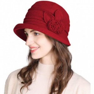 Bucket Hats Cloche Round Hat for Women 1920s Fedora Bucket Vintage Hat Flower Accent - 16076_red - CF12M68T7L3 $48.42