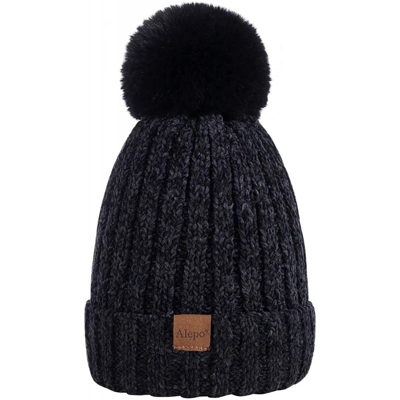 Skullies & Beanies Womens Winter Beanie Hat- Warm Fleece Lined Knitted Soft Ski Cuff Cap with Pom Pom - Chenille-black - C318...