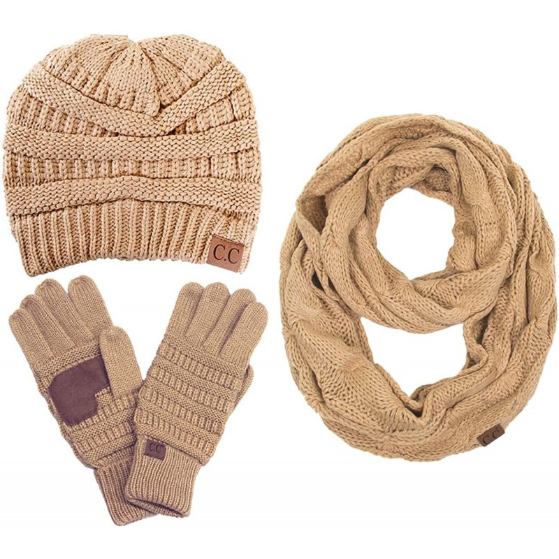 Skullies & Beanies 3pc Set Trendy Warm Chunky Soft Stretch Cable Knit Beanie- Scarves and Gloves Set - Camel - C618H6L09EN $9...