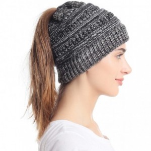 Skullies & Beanies Ponytail Messy Bun Beanie Tail Knit Hole Soft Stretch Cable Winter Hat for Women - 3 Tone White - CM18WZ9R...