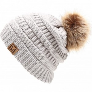 Skullies & Beanies Women's Soft Stretch Cable Knit Warm Skully Faux Fur Pom Pom Beanie Hats - Light Grey - CJ18GQUU0S6 $12.10