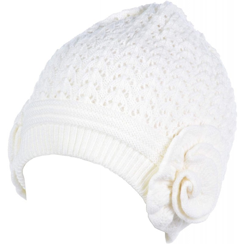 Skullies & Beanies Womens Winter Knit Plush Fleece Lined Beanie Ski Hat Sk Skullie Various Styles - Double Flower White - CI1...