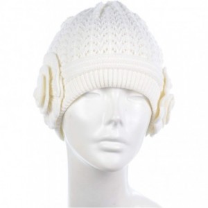 Skullies & Beanies Womens Winter Knit Plush Fleece Lined Beanie Ski Hat Sk Skullie Various Styles - Double Flower White - CI1...