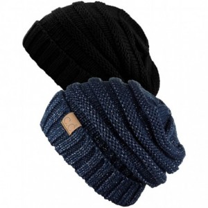 Skullies & Beanies Oversized Baggy Slouchy Thick Winter Beanie Hat - 2 Pack- Black/Navy Metallic - C2188NWC64C $28.50