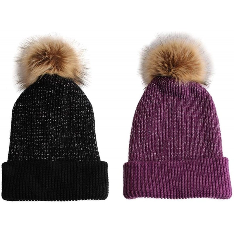 Skullies & Beanies Slouchy Faux Fur Pom Beanie Hats with Metallic Knitted Style for Extra Warmth and Comfort - Black/Purple -...