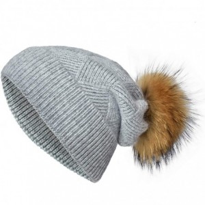 Skullies & Beanies Womens Knit Winter Beanie Hat Fur Pom Pom Cuff Warm Beanies Bobble Ski Cap - Grey+ Natural Racoon Pom Pom ...