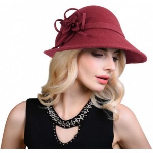 Bucket Hats Women Solid Color Winter Hat 100% Wool Cloche Bucket with Bow Accent - Style2_burgundy - CY189TRATLQ $44.53