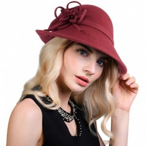 Bucket Hats Women Solid Color Winter Hat 100% Wool Cloche Bucket with Bow Accent - Style2_burgundy - CY189TRATLQ $44.53