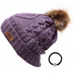 Skullies & Beanies Women's Winter Fleece Lined Cable Knitted Pom Pom Beanie Hat with Hair Tie. - Lavender - C512MYIKWJO $24.52