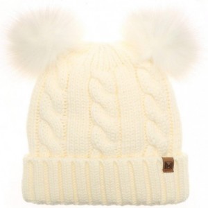 Skullies & Beanies Women's Winter Cable Knitted Faux Fur Double Pom Pom Beanie Hat with Plush Lining. - Off White With Logo -...