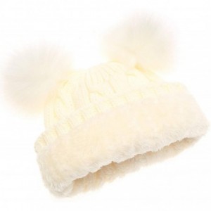 Skullies & Beanies Women's Winter Cable Knitted Faux Fur Double Pom Pom Beanie Hat with Plush Lining. - Off White With Logo -...
