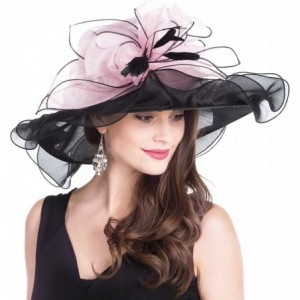 Sun Hats Women Kentucky Derby Church Beach Fascinators Hat Wide Floral Brim Flat Hat with Bowknot - Leaves-black/Pink - CT180...