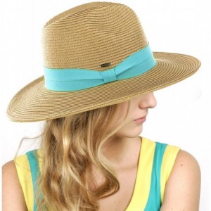 Fedoras Lightweight Solid Color Band Braided Panama Fedora Sun Hat - Dark Natural/Mint - CZ11WWYGVHP $27.46