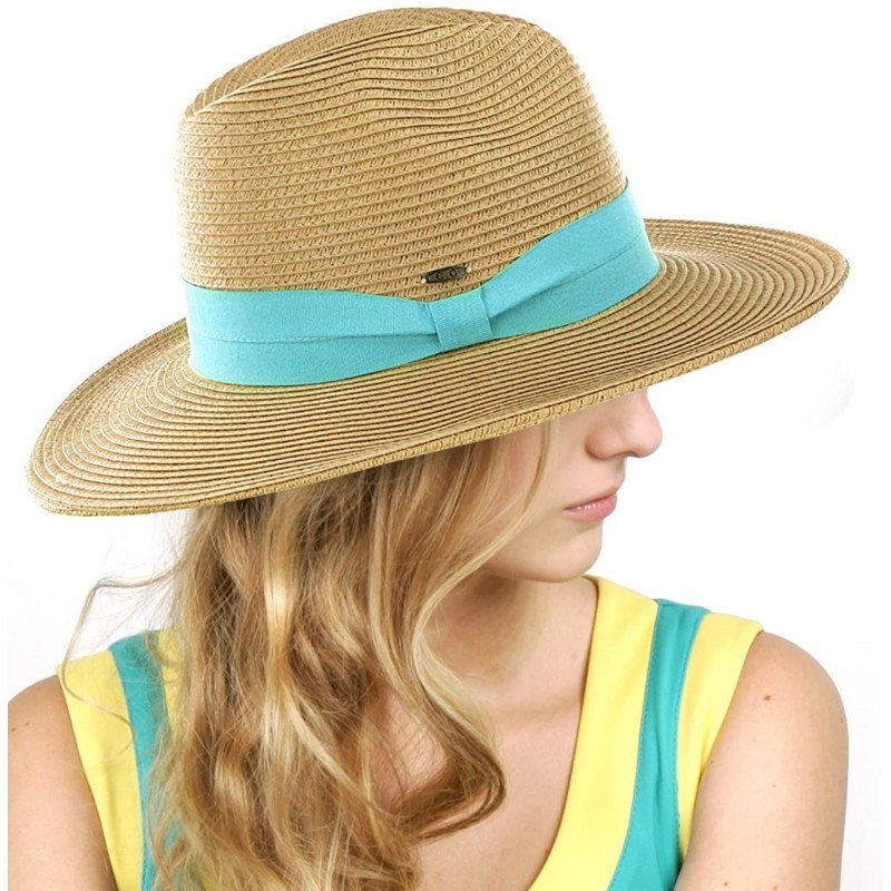 Fedoras Lightweight Solid Color Band Braided Panama Fedora Sun Hat - Dark Natural/Mint - CZ11WWYGVHP $27.15