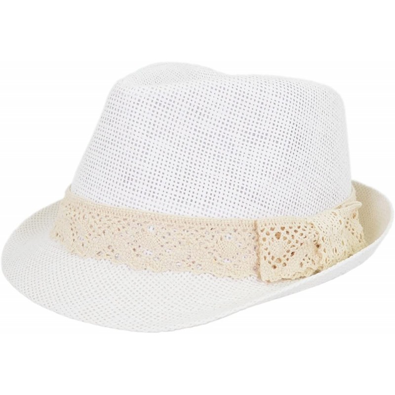 Fedoras Women's Lace Ribbon Band Fedora Straw Sun Hat Available - White - CS11ZQ3E4SH $9.14