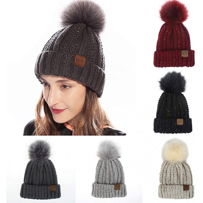 Winter Knitted Beanie Hat with Faux Fur Pom Warm Knit Skull Cap Slouchy ...
