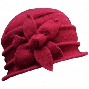 Bucket Hats Women Solid Color Winter Hat Flower 100% Wool Cloche Bucket Hat - Red-d - CD18MHU27M8 $28.74