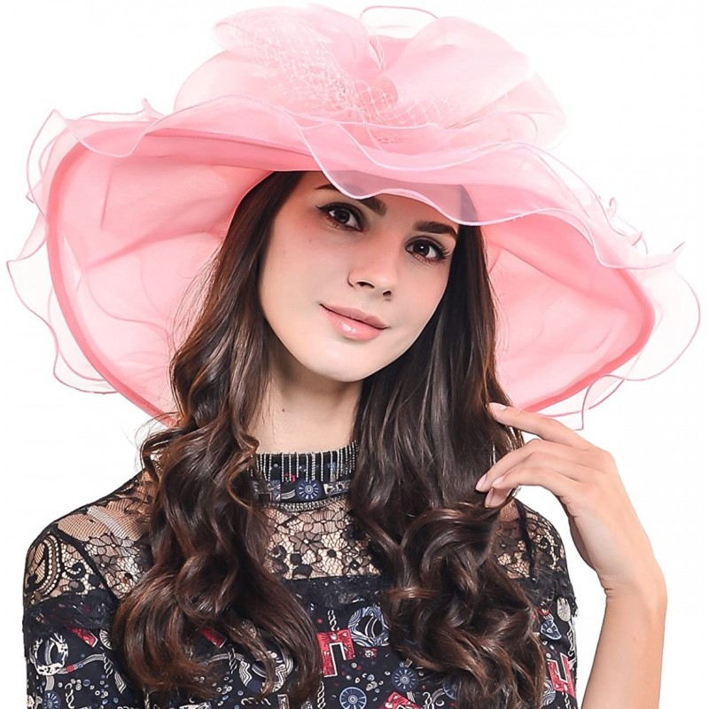 Sun Hats Women Organza Church Dress Kentucky Derby Fascinator Tea Party Wedding Hat - Floral Pink - CT11ZHNXCSJ $21.60
